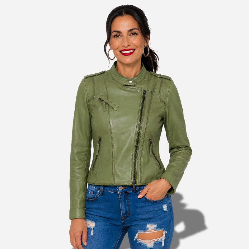 Veste en cuir verte pour femme en cuir d'agneau