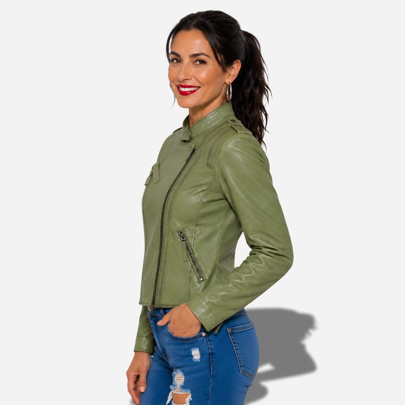 Veste en cuir verte pour femme en cuir d'agneau
