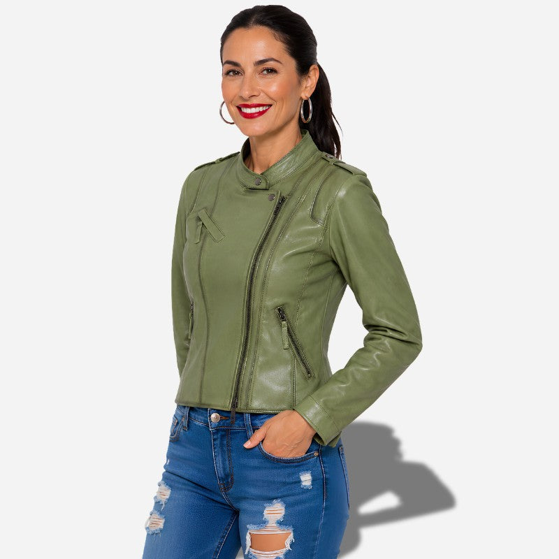 Veste en cuir verte pour femme en cuir d'agneau