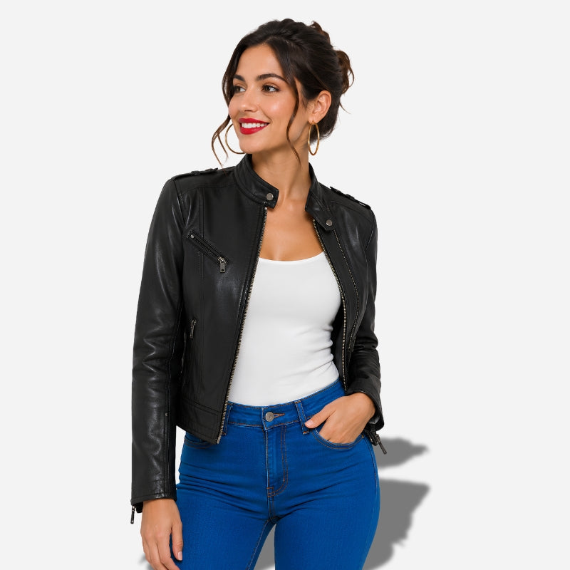 Veste femme en cuir style biker noir