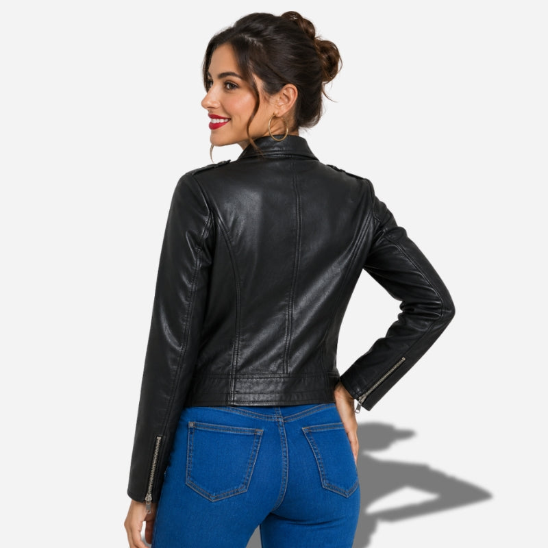 Veste femme en cuir style biker noir