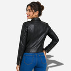 Veste femme en cuir style biker noir