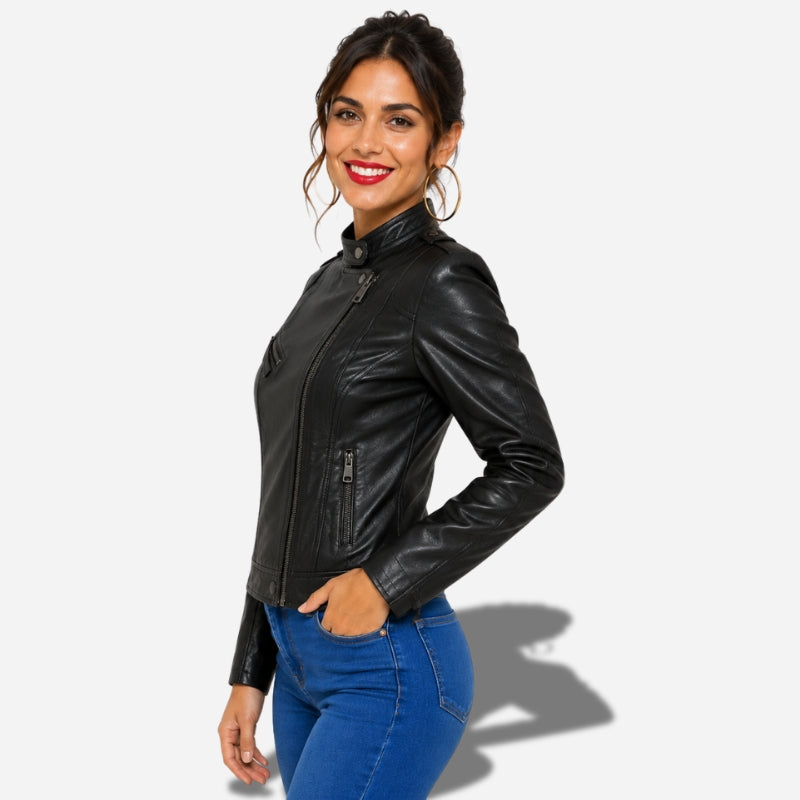Veste femme en cuir style biker noir