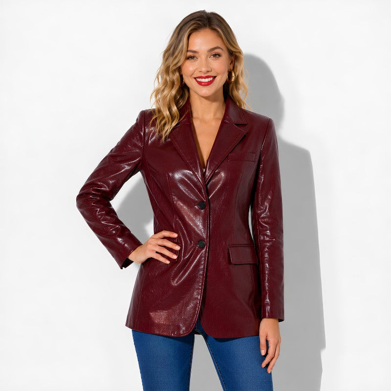 Blazer en cuir bordeaux pour femme en cuir d'agneau vernis