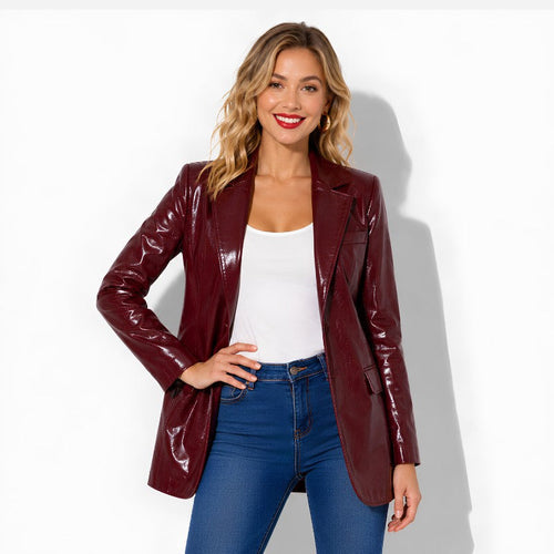 Blazer en cuir bordeaux pour femme en cuir d'agneau vernis