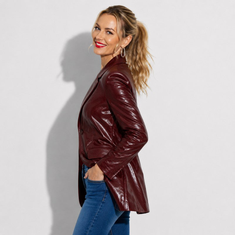Blazer en cuir bordeaux pour femme en cuir d'agneau vernis