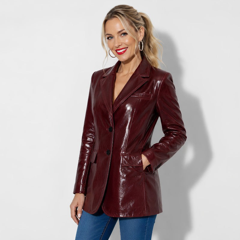 Blazer en cuir bordeaux pour femme en cuir d'agneau vernis