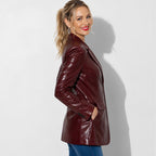 Blazer en cuir bordeaux pour femme en cuir d'agneau vernis