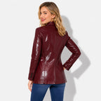 Blazer en cuir bordeaux pour femme en cuir d'agneau vernis