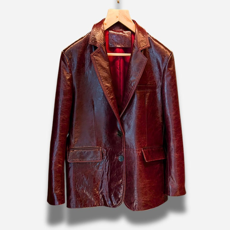 Blazer en cuir bordeaux pour femme en cuir d'agneau vernis