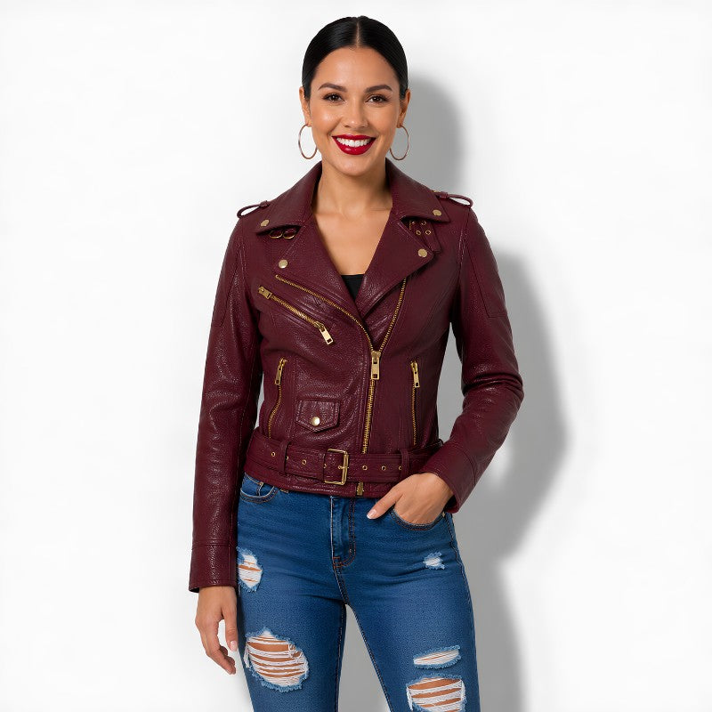 Veste en Cuir Bordeaux Femme - Cuir d'Agneau Véritable