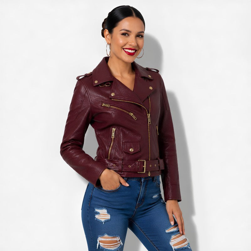 Veste en Cuir Bordeaux Femme - Cuir d'Agneau Véritable