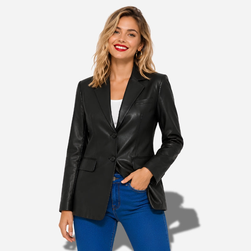 Blazer femme en cuir noir cintrée