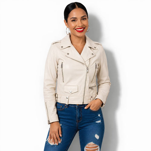 Veste en cuir beige pour femme style perfecto biker