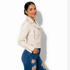 Veste en cuir beige pour femme style perfecto biker