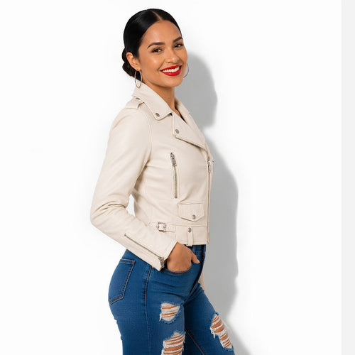Veste en cuir beige pour femme style perfecto biker