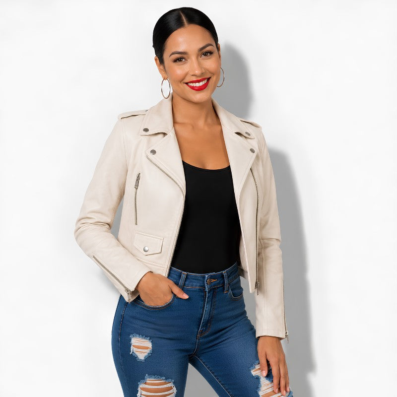 Veste en cuir beige pour femme style perfecto biker