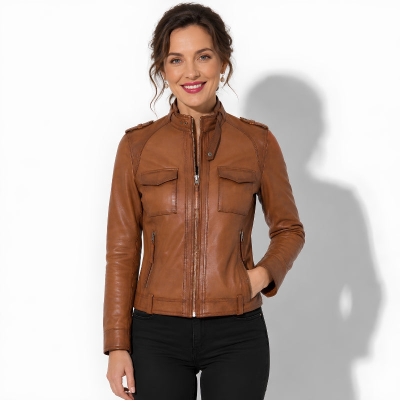 Veste en cuir marron pour femme style vintage
