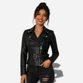 Veste noir en cuir pour femme avec ceinture style perfecto en cuir d'agneau véritable