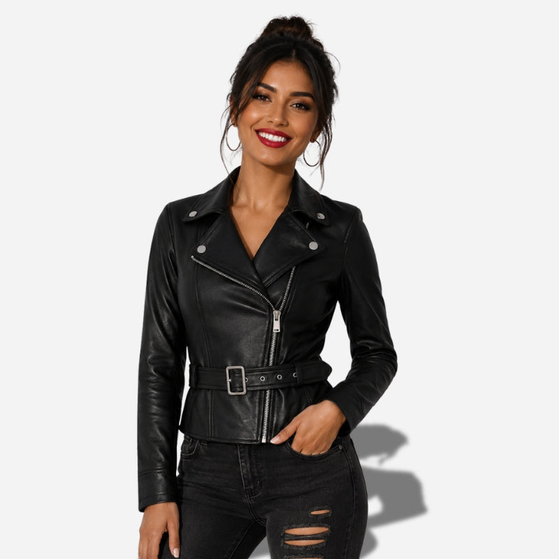Veste noir en cuir pour femme avec ceinture style perfecto en cuir d'agneau véritable