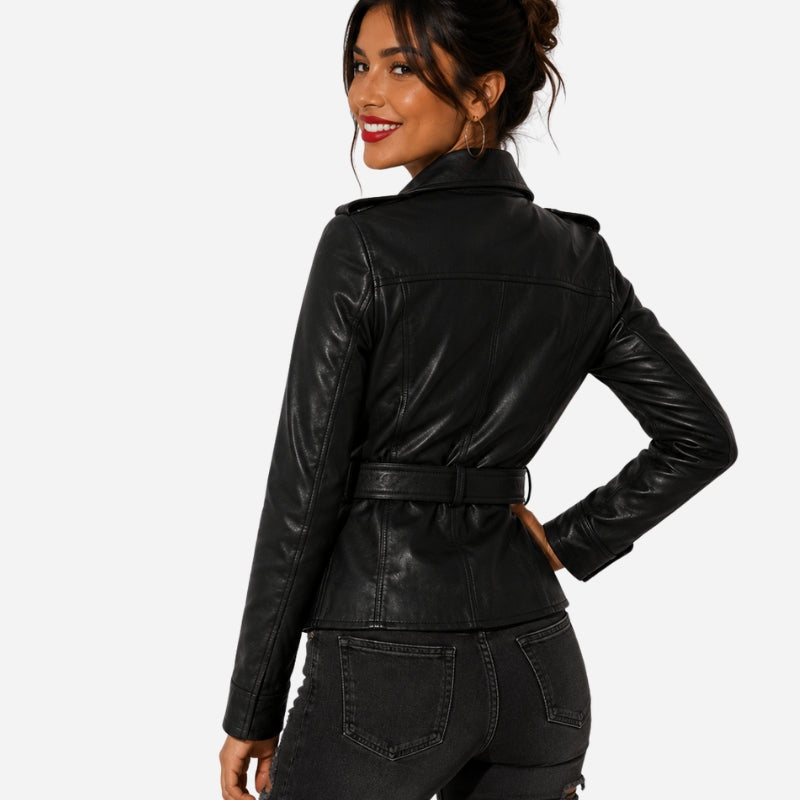 Veste noir en cuir pour femme avec ceinture style perfecto en cuir d'agneau véritable