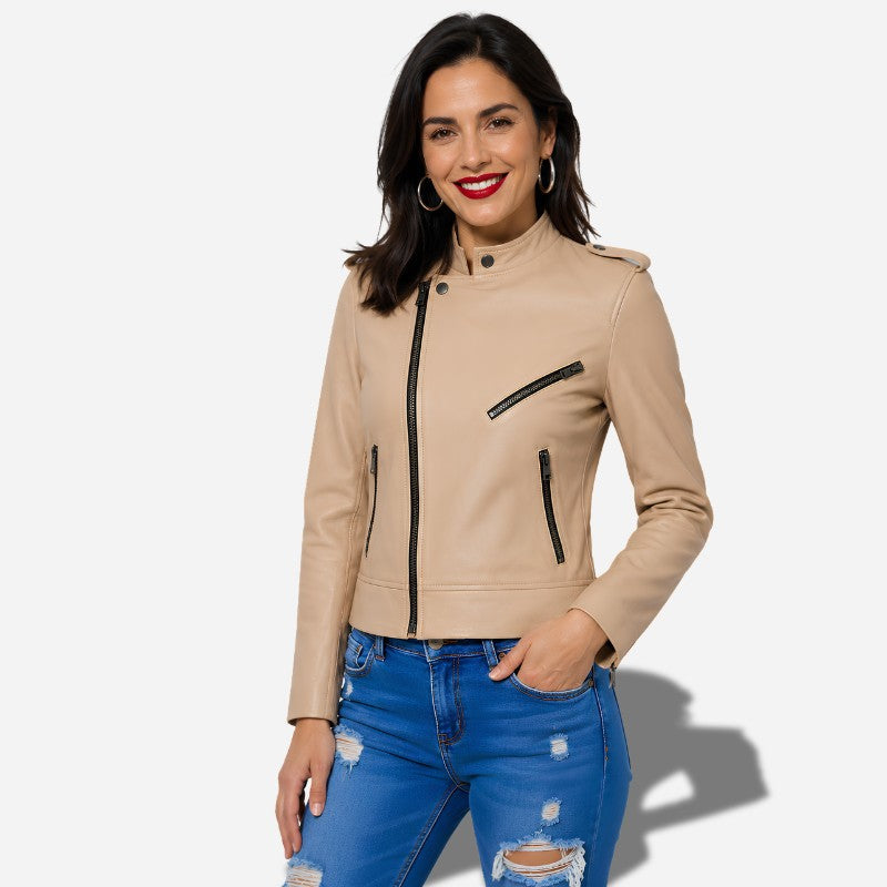 Veste en cuir beige pour femme style perfecto biker