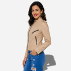 Veste en cuir beige pour femme style perfecto biker