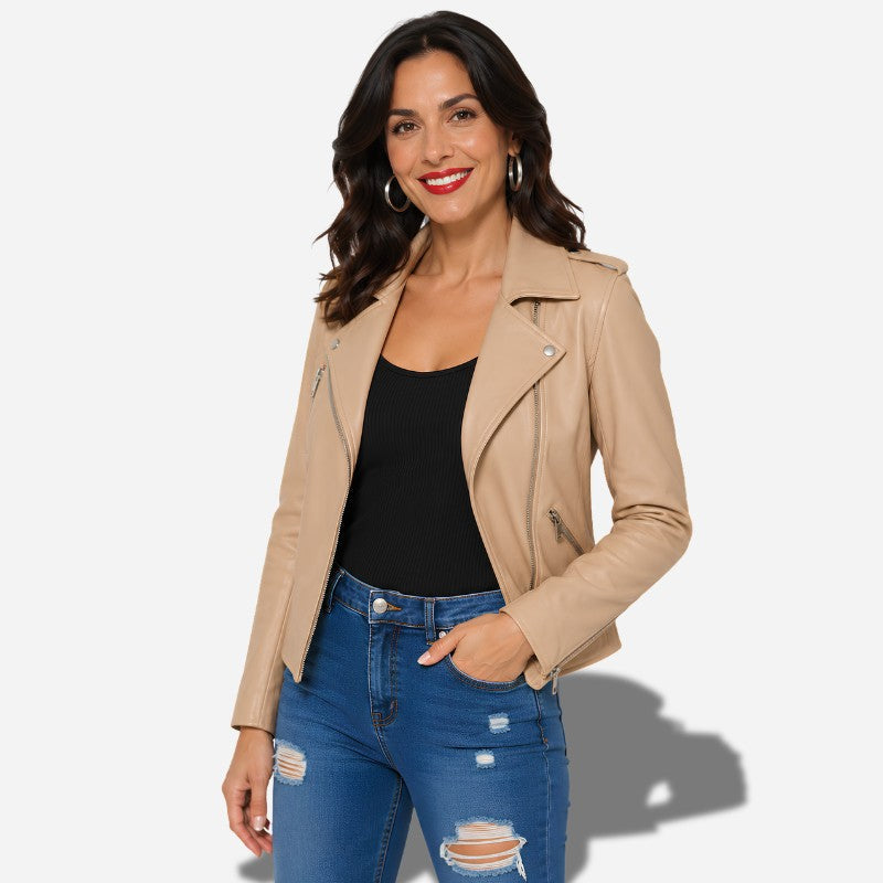 Veste en cuir beige pour femme style perfecto biker