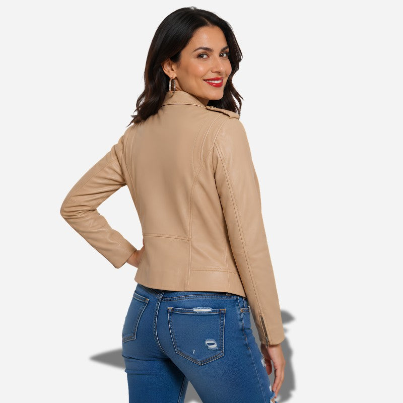 Veste en cuir beige pour femme style perfecto biker