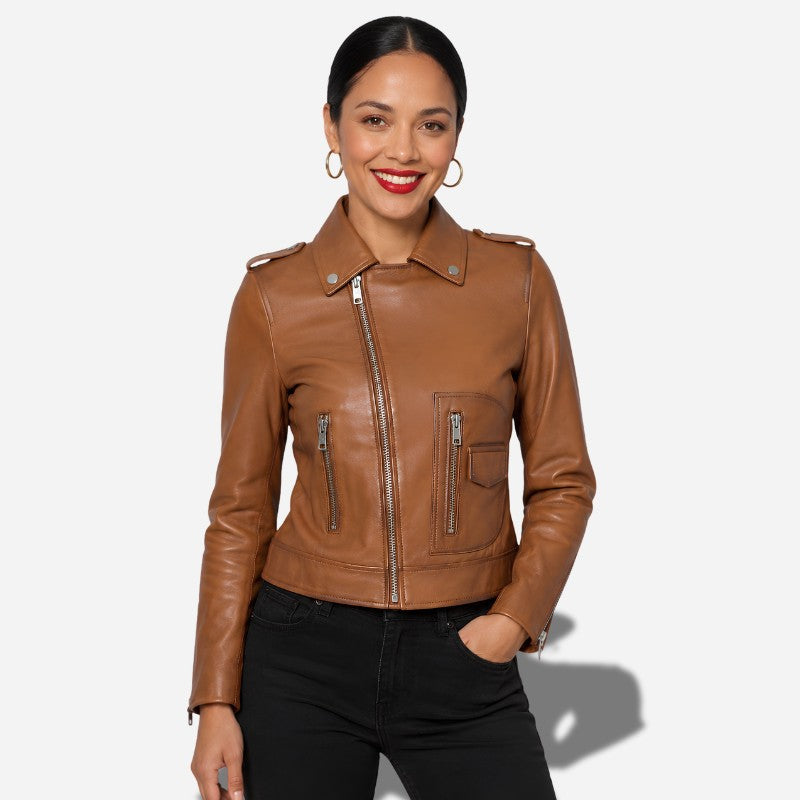 Veste en cuir marron clair pour femme avec col chemise en cuir d'agneau
