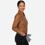 Veste en cuir marron clair pour femme avec col chemise en cuir d'agneau