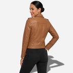 Veste en cuir marron clair pour femme avec col chemise en cuir d'agneau