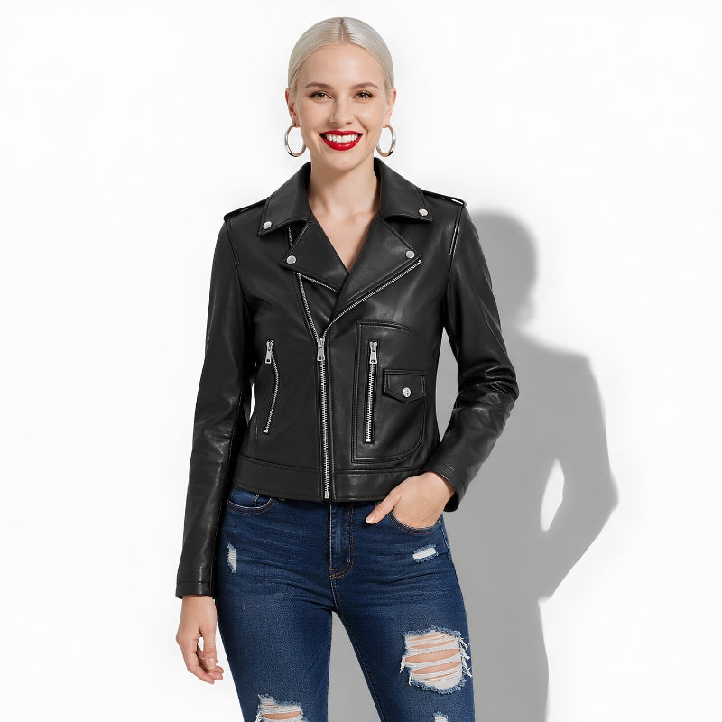 Veste noire en cuir pour femme style perfecto en cuir d'agneau véritable