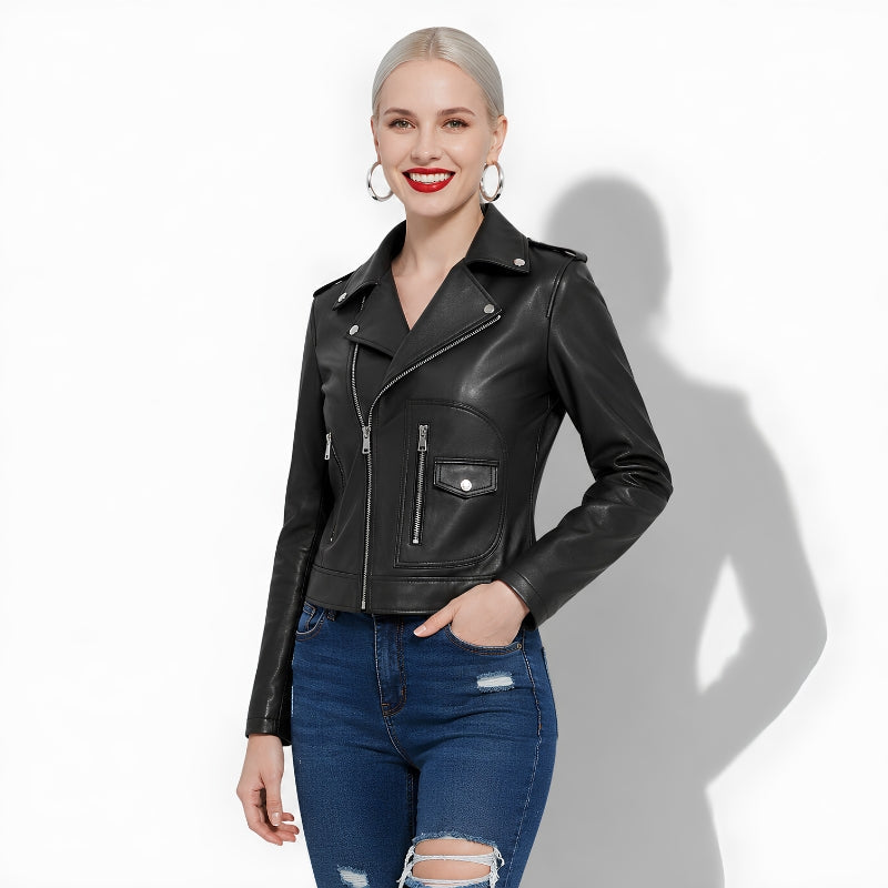 Veste noire en cuir pour femme style perfecto en cuir d'agneau véritable