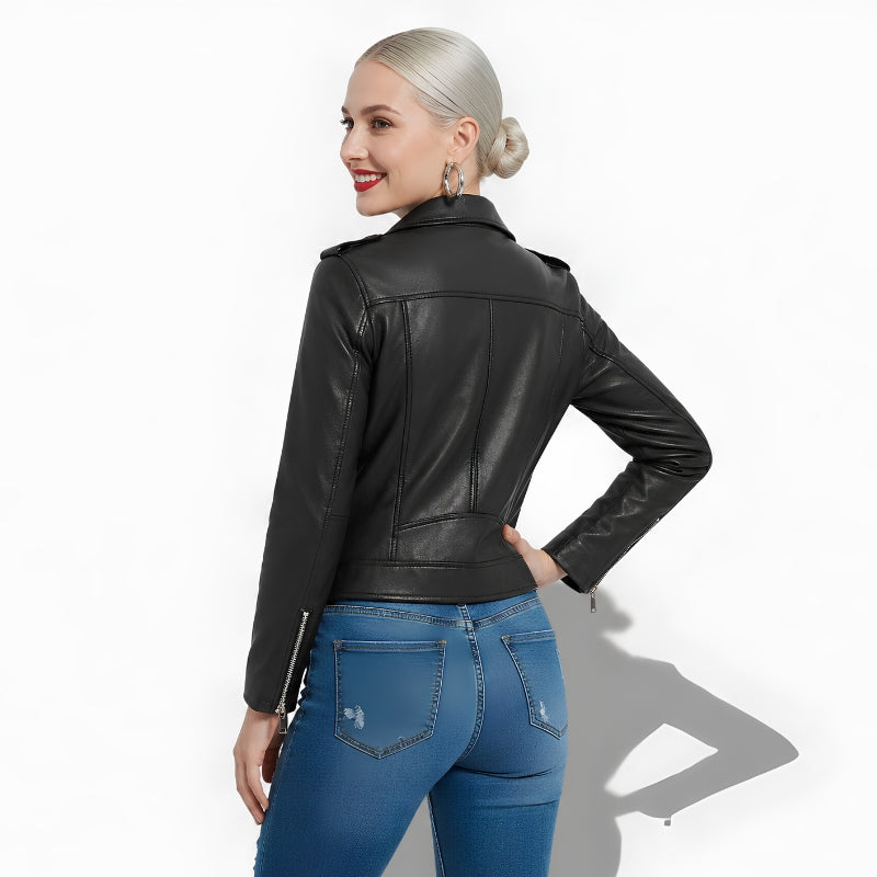 Veste noire en cuir pour femme style perfecto en cuir d'agneau véritable