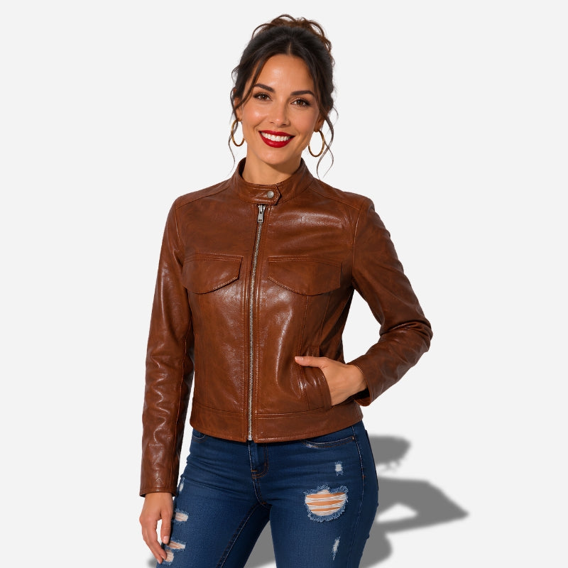 Jolie veste en cuir marron cintrée pour femme avec un cirage élégant
