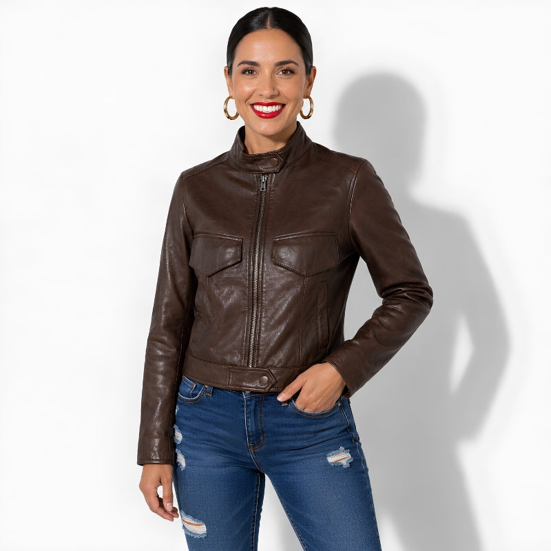 Veste en cuir marron foncé pour femme en cuir véritable d'agneau