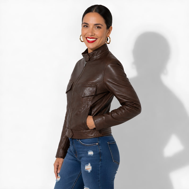 Veste en cuir marron foncé pour femme en cuir véritable d'agneau