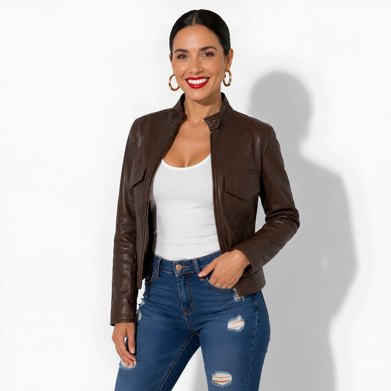 Veste en cuir marron foncé pour femme en cuir véritable d'agneau