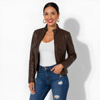 Veste en cuir marron foncé pour femme en cuir véritable d'agneau