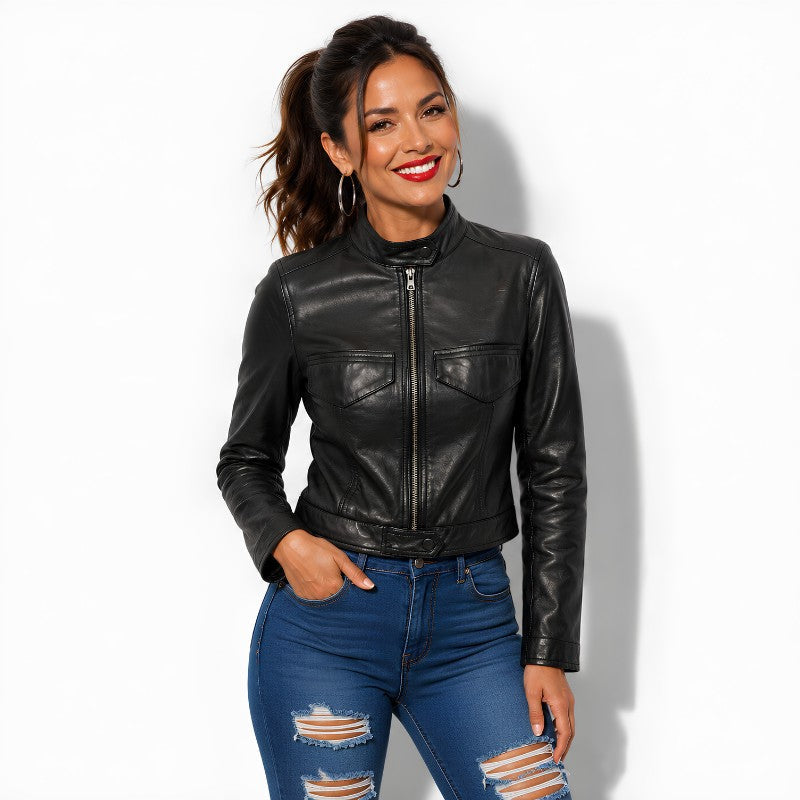 Veste femme en cuir noir style rétro