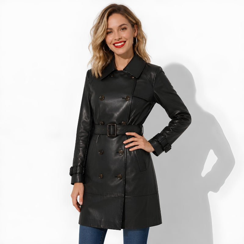 Veste en cuir noir longue pour femme en cuir d'agneau veritable