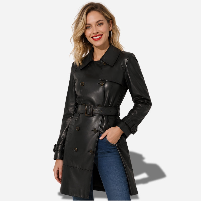 Veste en cuir noir longue pour femme en cuir d'agneau veritable