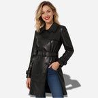 Veste en cuir noir longue pour femme en cuir d'agneau veritable