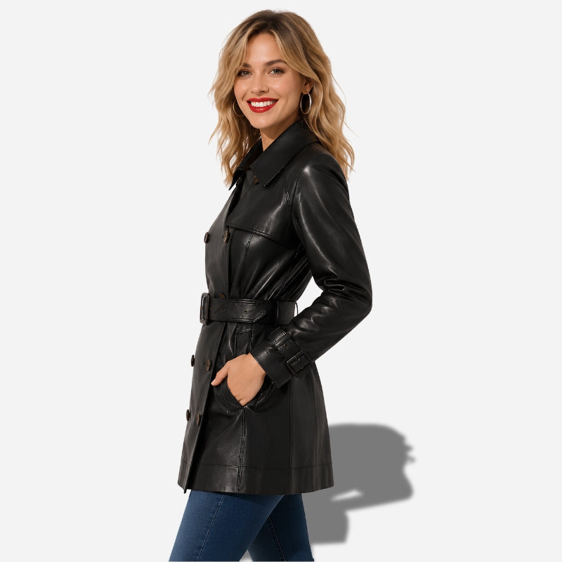 Veste en cuir noir longue pour femme en cuir d'agneau veritable