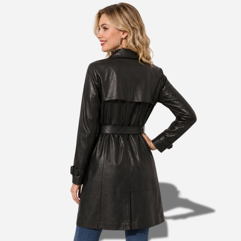 Veste en cuir noir longue pour femme en cuir d'agneau veritable