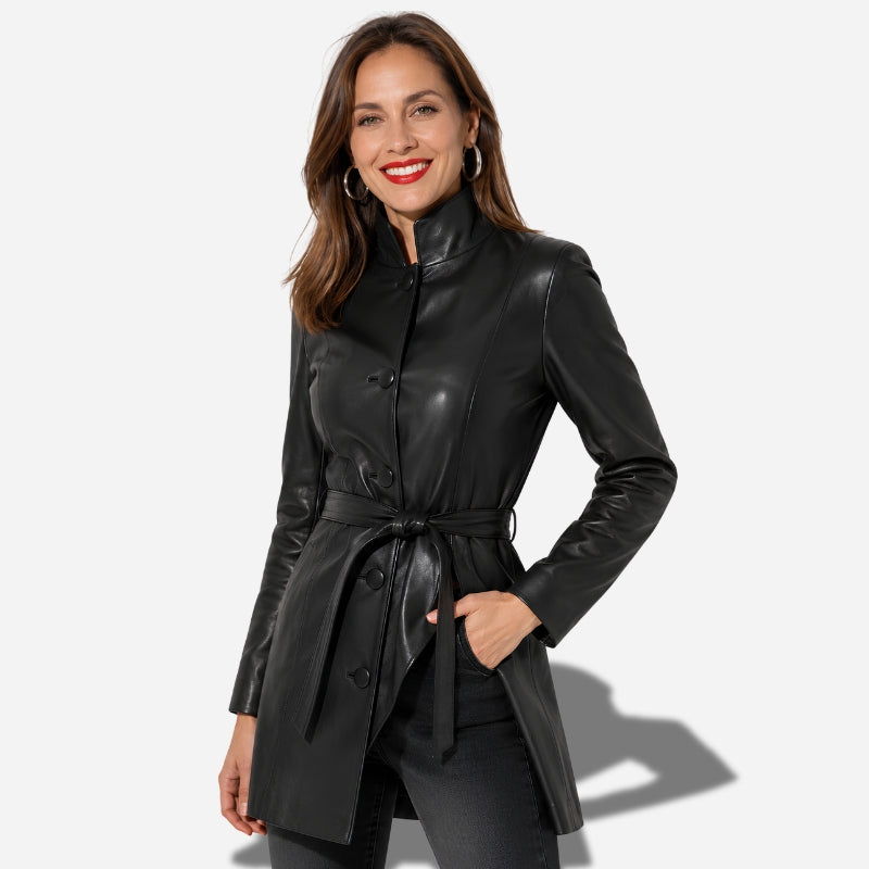 Veste longue en cuir noir pour femme en cuir d'agneau véritable avec ceinture