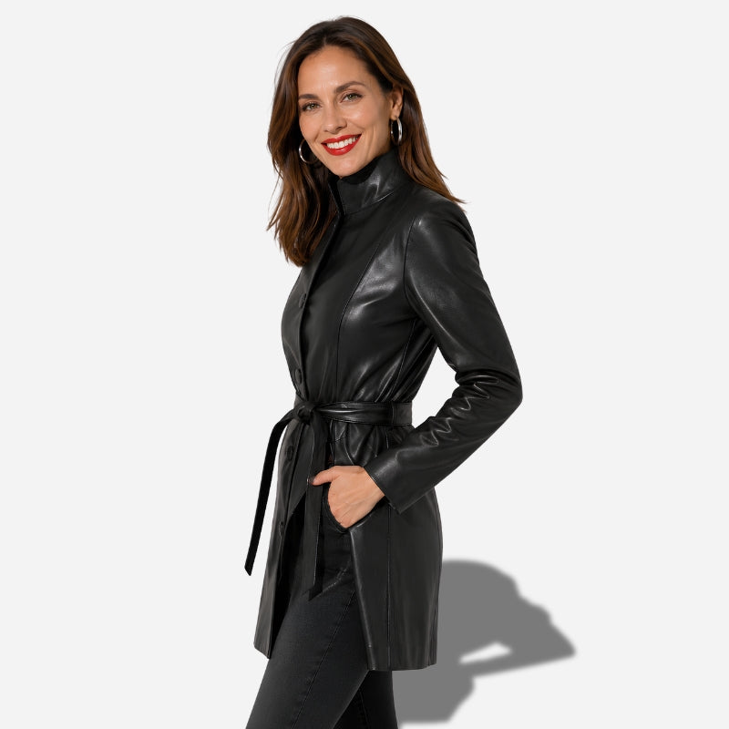Veste longue en cuir noir pour femme en cuir d'agneau véritable avec ceinture