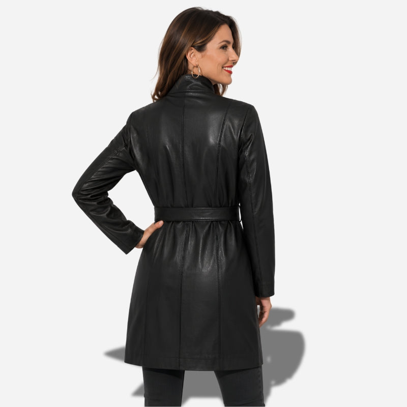 Veste longue en cuir noir pour femme en cuir d'agneau véritable avec ceinture