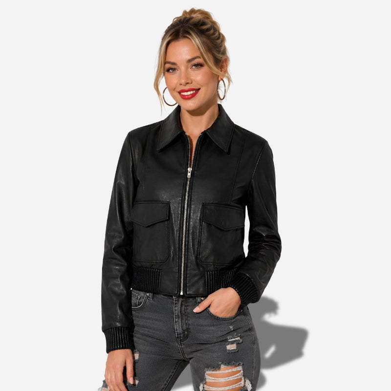 Veste courte en cuir pour femme avec col chemise et en cuir agneau véritable